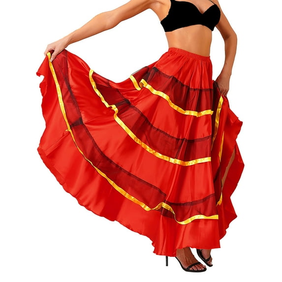 YONGHS Women's Long Swing Layered Skirt for Flamenco Belly Dance Spanish Bull Performance Costume Type B 180 Degree One Size