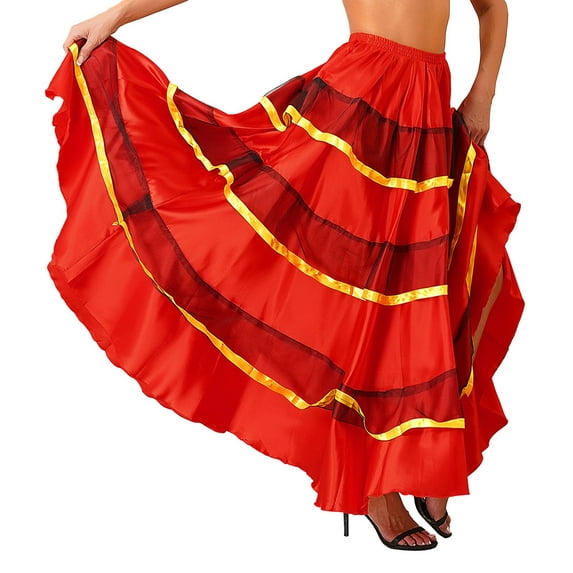 YONGHS Women's Long Swing Layered Skirt for Flamenco Belly Dance Spanish Bull Performance Costume Type B 360 Degree One Size