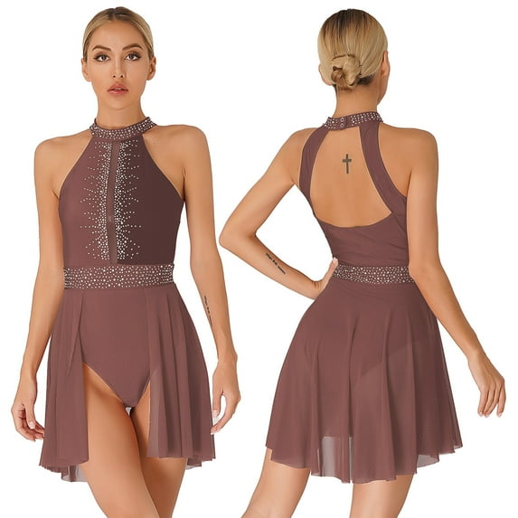 YONGHS Women's Lyrical Ballet Dance Dress Shiny Rhinestone Figure Skating Skirted Leotard Dancewear Coffee M