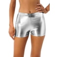 thumbnail image 1 of YONGHS Women's Metallic Booty Shorts Mid Waist Shiny Cheeky Dance Rave Party Bottoms Hot Pants Silver One Size, 1 of 6