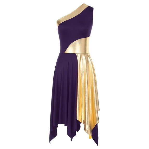 YONGHS Women's Metallic Color Block Praise Lyrical Dance Dress Sleeveless Liturgical Worship Tunic Dancewear Purple XXL
