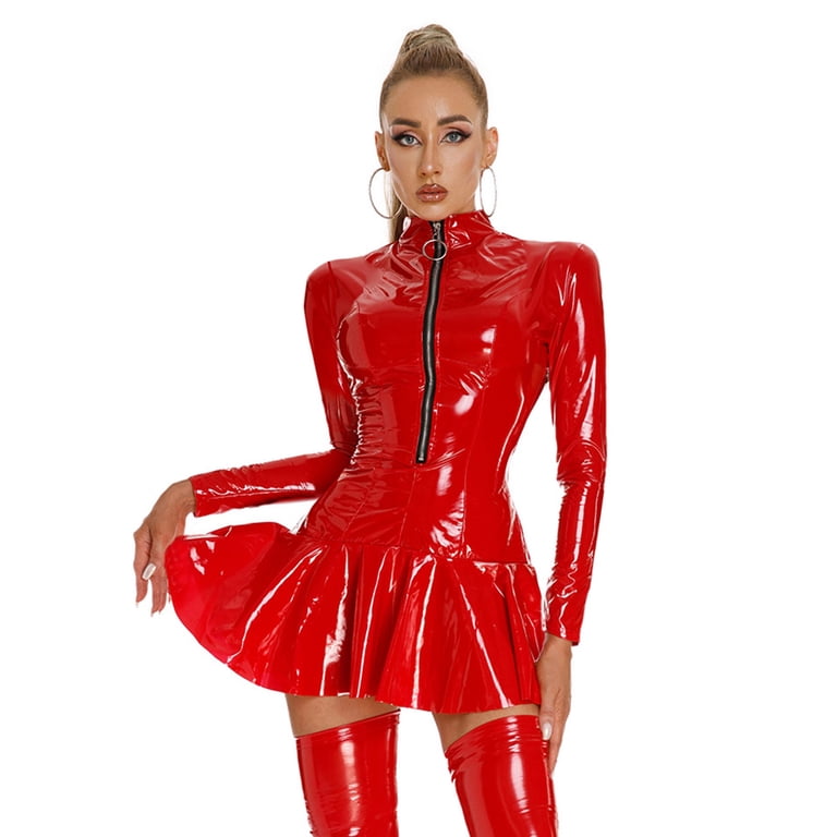 YONGHS Women's PVC Leather Ruffled Dress Night Club Party Bodycon Mini Dress  Red M - Walmart.com