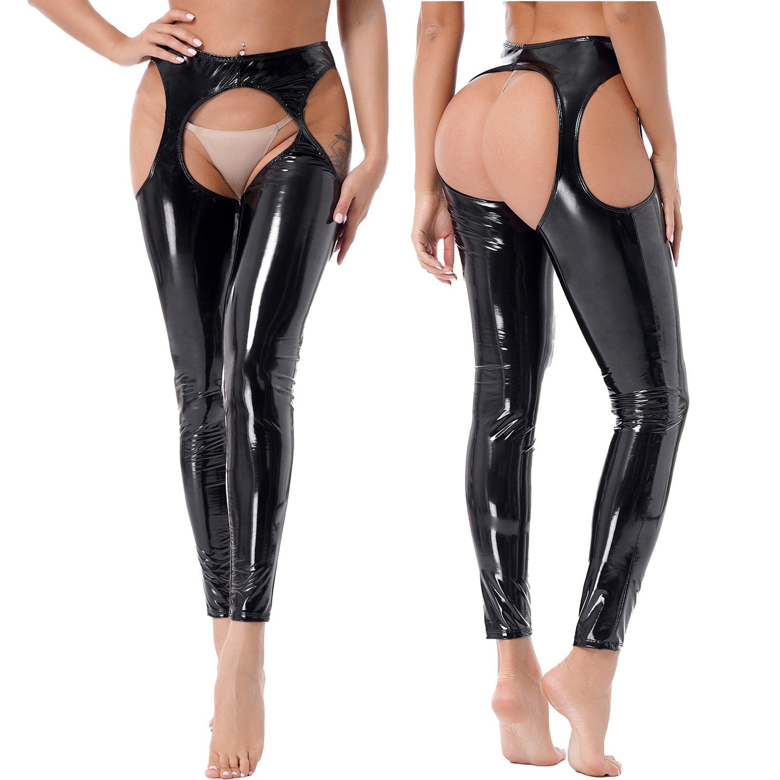 YONGHS Women's Patent Leather Hollowing Out Bottoms Leggings Long Assless  Chaps Pants Black M 