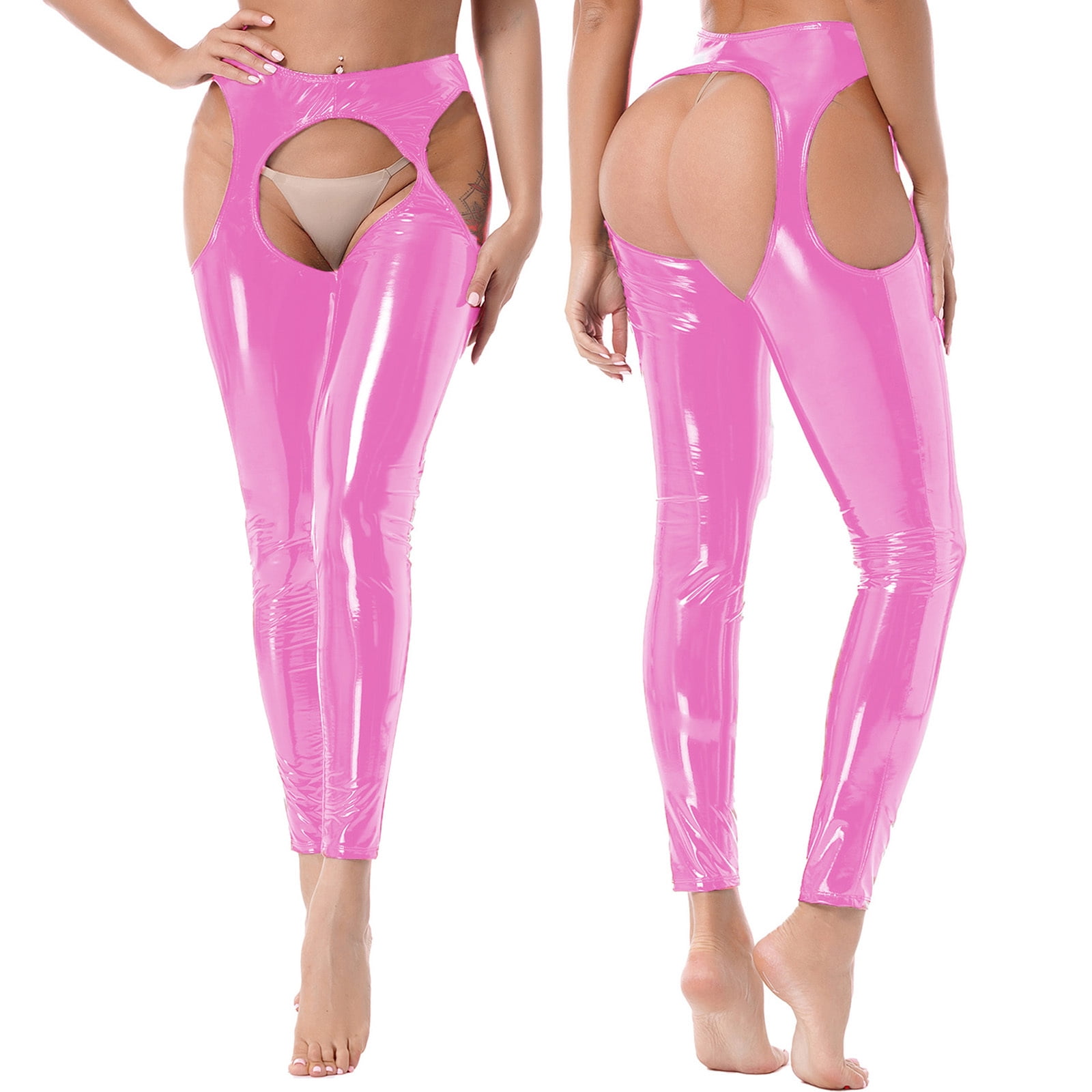 YONGHS Women's Patent Leather Hollowing Out Bottoms Leggings Long Assless Chaps  Pants Pink XL 