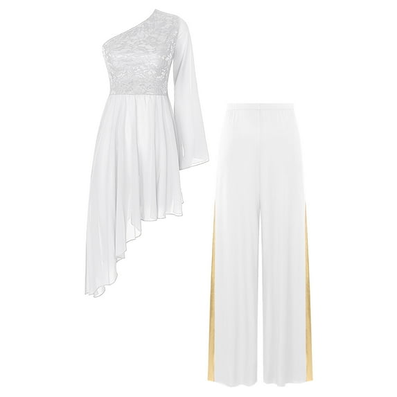 YONGHS Women's Praise Dance Outfit One Shoulder Asymmetrical Worship Dance Tunic with Wide Leg Pants Ivory XL