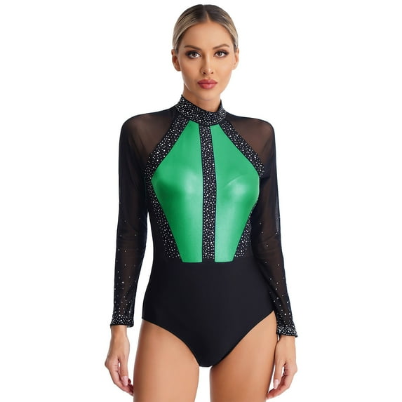 YONGHS Women's Rhinestone Ballet Dance Leotard Mesh Sheer Long Sleeve Gymnastics Bodysuit Tops Green M