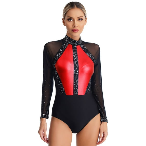 YONGHS Women's Rhinestone Ballet Dance Leotard Mesh Sheer Long Sleeve Gymnastics Bodysuit Tops Red L