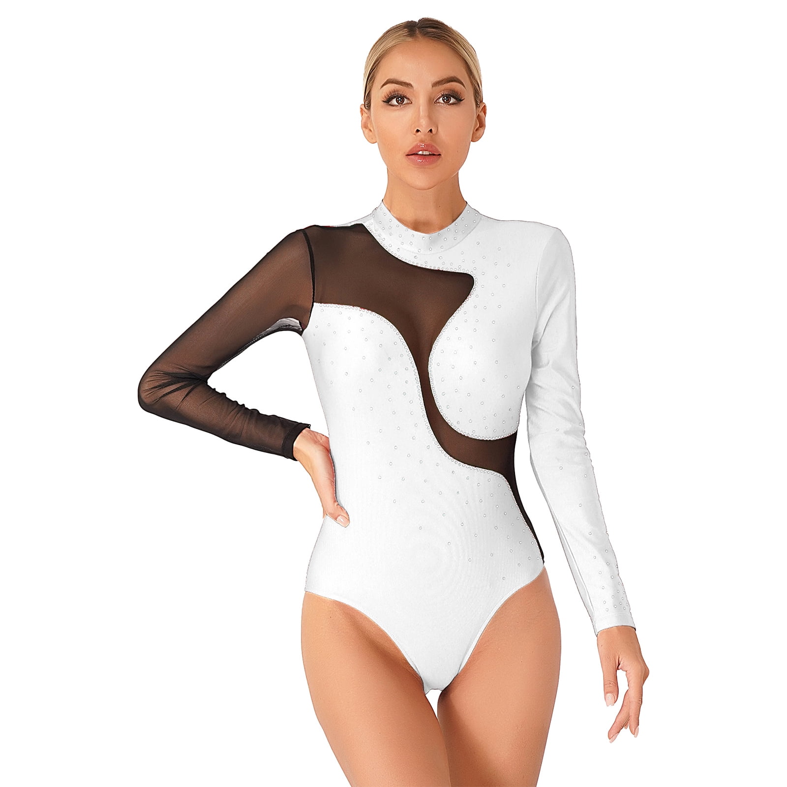 YONGHS Women's Rhinestone Ballet Dance Leotard Mesh Splice Long Sleeve  Gymnastics Bodysuit Tops White M