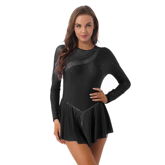 YONGHS Women's Rhinestone Figure Skating Dress Long Sleeves Spandex Gymnastics Leotard Black M