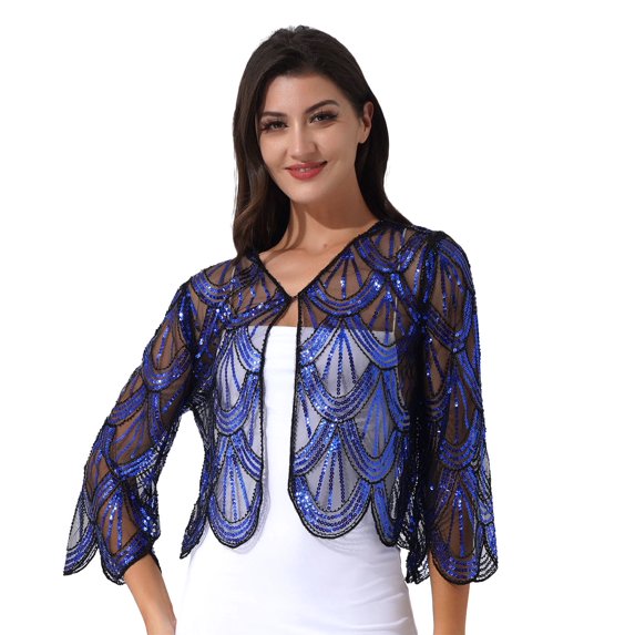 YONGHS Women's Sequined Shawl Wraps Cardigan Long Sleeve 1920s Evening Cape Bridal Bolero Shrug Blue One Size
