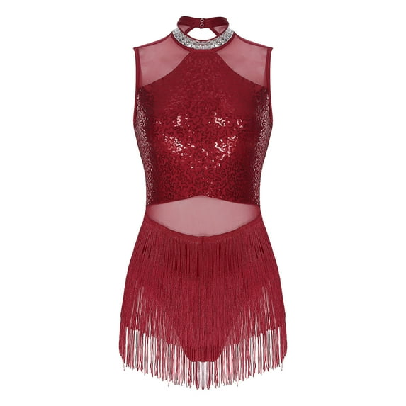 YONGHS Women's Sequins Tassel Latin Dance Dress Samba ChaCha Rumba Tango Dance Leotard Costume Burgundy-A S