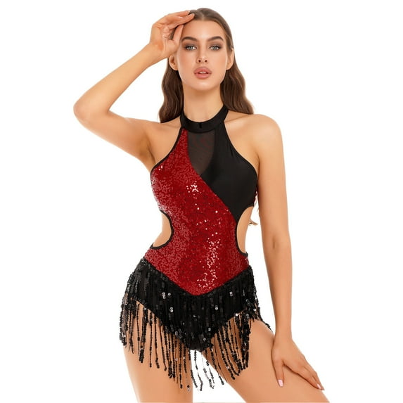 YONGHS Women's Sequins Tassel Latin Dance Dress Samba ChaCha Rumba Tango Dance Leotard Costume Burgundy L