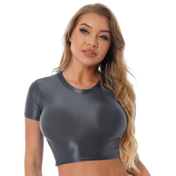 YONGHS Women's Shiny Glossy Basic Plain Round Neck Short Sleeve Stretchy T-Shirts Sportswear Dark Grey M