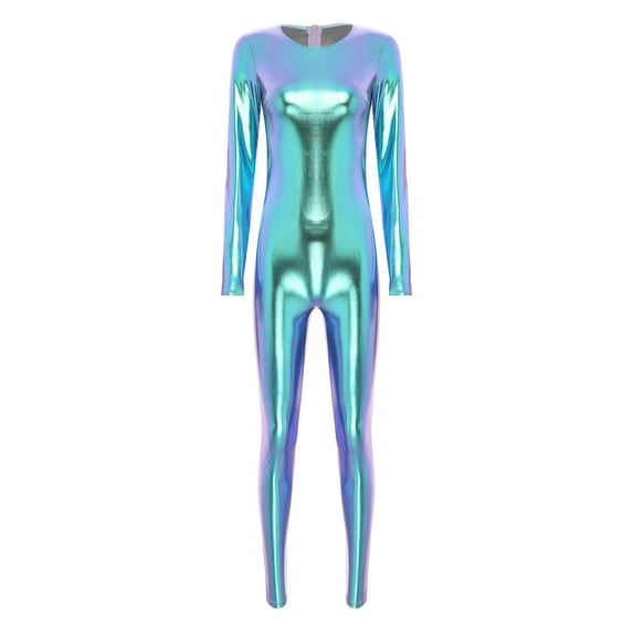 YONGHS Women's Shiny Holographic Unitard Costume Suits Bodysuits Catsuits Blue 3XL