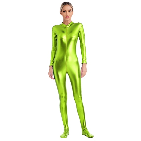 YONGHS Women's Shiny Holographic Unitard Zentai Jumpsuit Mock Neck Zipper Front Bodysuits Catsuits Grass Green M