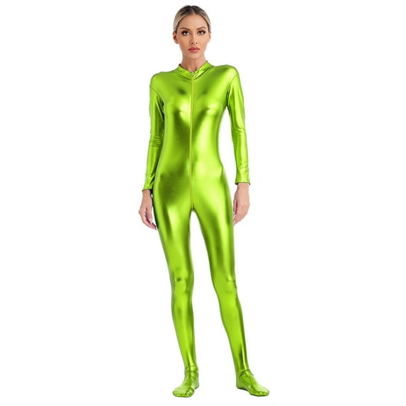 YONGHS Women's Shiny Holographic Unitard Zentai Jumpsuit Mock Neck Zipper Front Bodysuits Catsuits Grass Green XL