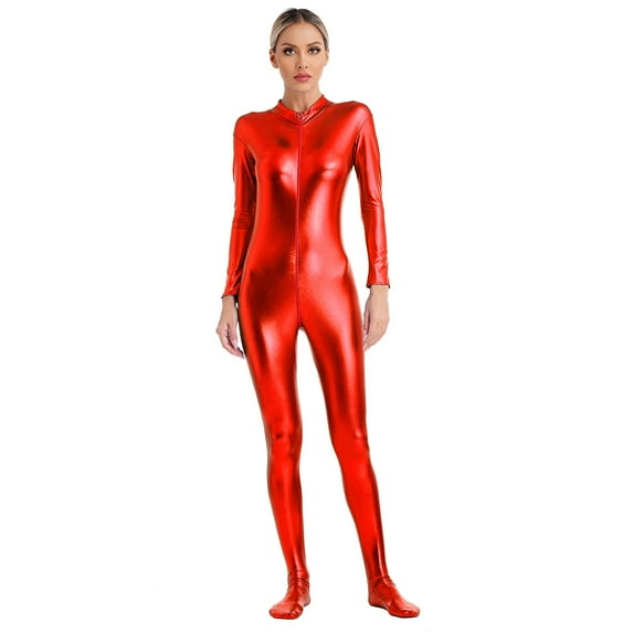 YONGHS Women's Shiny Holographic Unitard Zentai Jumpsuit Mock Neck Zipper Front Bodysuits Catsuits Red 3XL