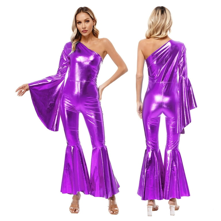 YONGHS Women s Shiny Metallic Bell Bottom Jumpsuit One Shoulder Flare Sleeve Rompers Clubwear Purple One Size