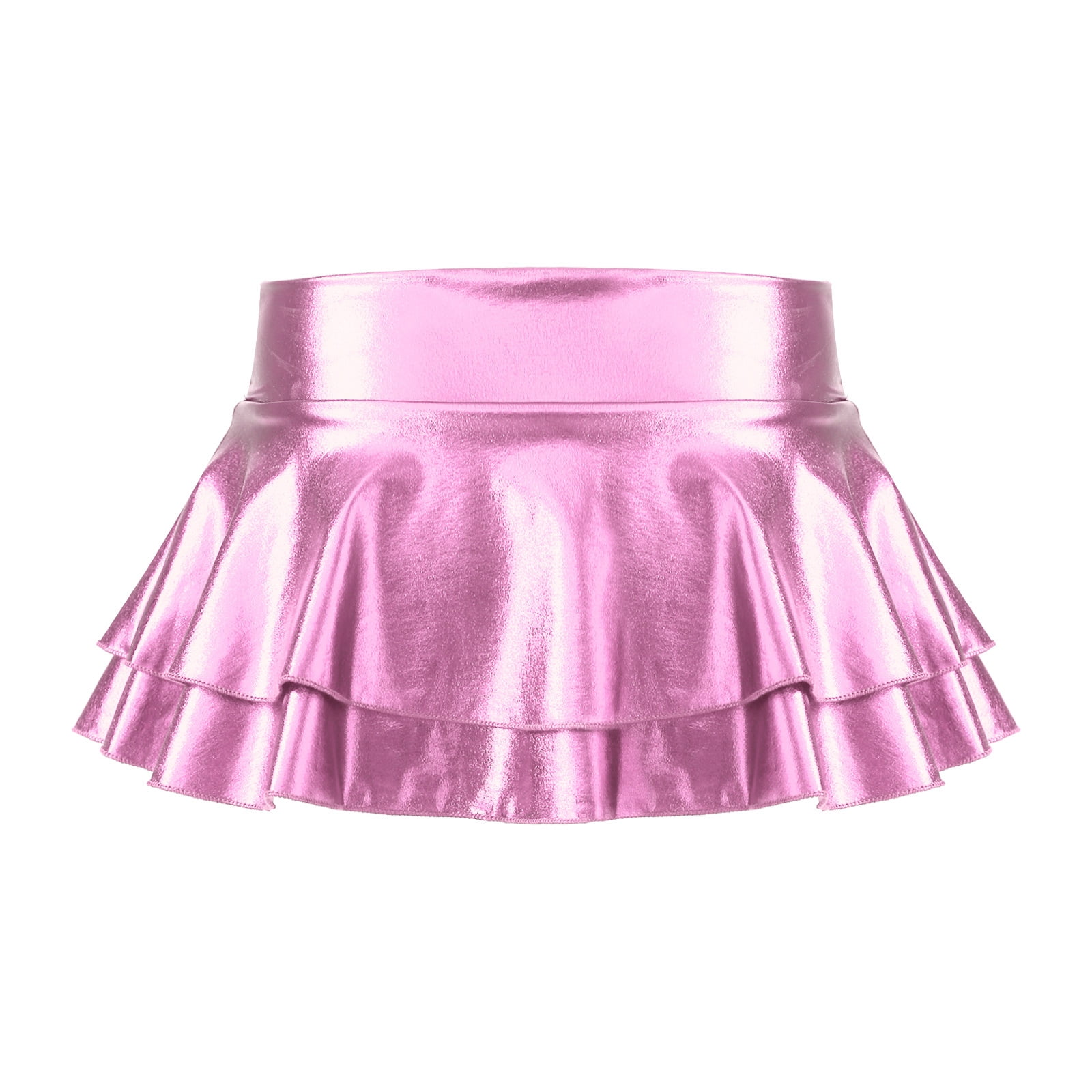 YONGHS Women's Shiny Metallic Double Layered Ruffled Mini Skirt Jazz
