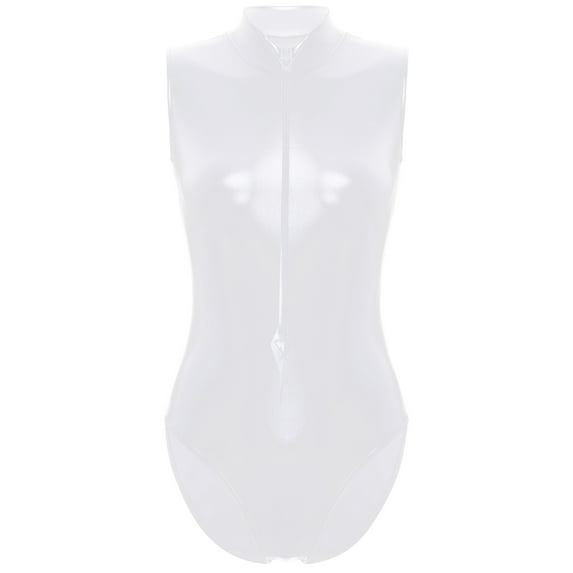 YONGHS Women's Shiny Metallic Gymnastics Leotard Bodysuit Zipper One Piece Swimsuit White XL