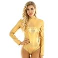 thumbnail image 1 of YONGHS Women's Shiny Metallic Long Sleeve Leotards Faux Leather Turtleneck Bodysuit Dance Costume Gold L, 1 of 7