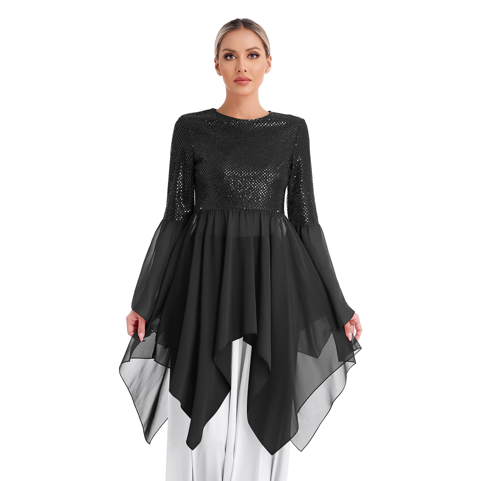 YONGHS Women's Shiny Sequins Overlays Worship Praise Dance Dress