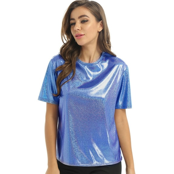 YONGHS Women's Short Sleeve Shiny Metallic T Shirt Tank Tops Holographic Rave Festival Party Blouse Blue XXL