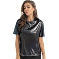 thumbnail image 1 of YONGHS Women's Short Sleeve Shiny Metallic T Shirt Tank Tops Holographic Rave Festival Party Blouse Dark Grey M, 1 of 7