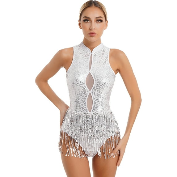 YONGHS Women's Sparkly Sequin Tassel Leotard Bodysuit Latin Samba Ballet Dance Dress White M