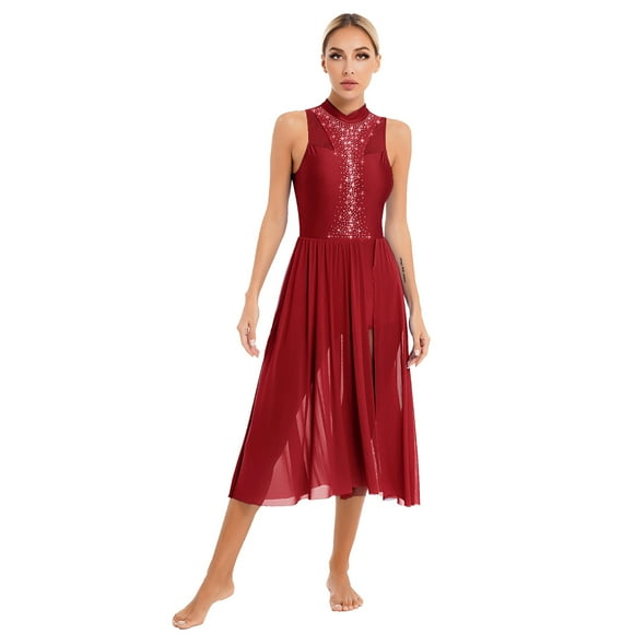 YONGHS Women's Split Lyrical Dance Costume Flowy Contemporary Dance Long Tank Dress Burgundy S