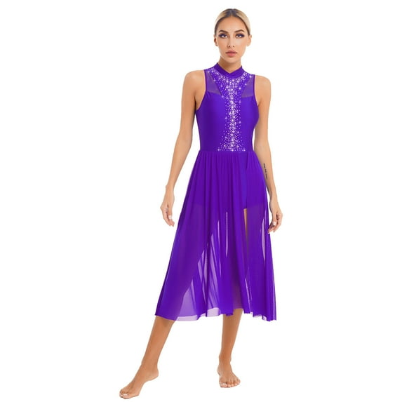 YONGHS Women's Split Lyrical Dance Costume Flowy Contemporary Dance Long Tank Dress Purple S