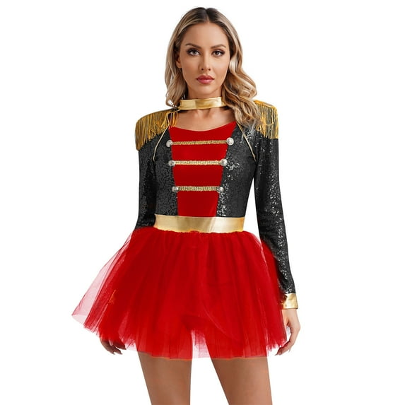 YONGHS Women's Zipper Back Circus Ringmaster Tassel Shoulder Board Long Sleeves Leotard Tutu Dress Black S