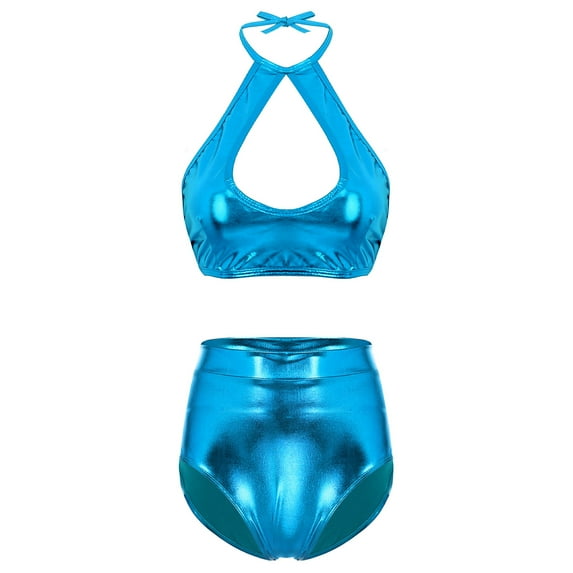 YONGHS Womens 2 Piece Metallic Shiny Crop Top with Cheeky Bottoms Set Rave Dance Outfits Sky Blue S