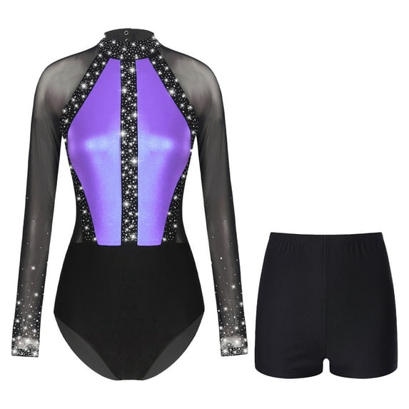 YONGHS Womens 2 Piece Sparkling Rhinestones Gymnastics Unitard Biketard Leotard with Shorts Set Light Purple L