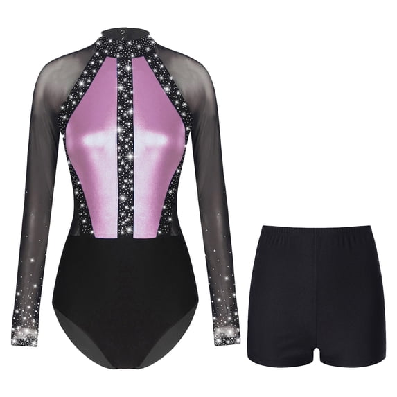YONGHS Womens 2 Piece Sparkling Rhinestones Gymnastics Unitard Biketard Leotard with Shorts Set Pink M