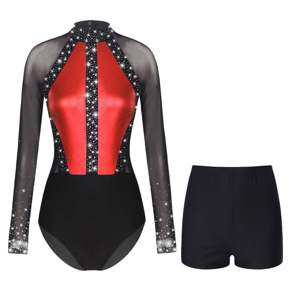YONGHS Womens 2 Piece Sparkling Rhinestones Gymnastics Unitard Biketard Leotard with Shorts Set Red XXL