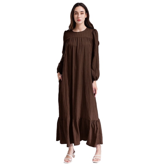 YONGHS Womens Abaya Long Sleeve Muslim Prayer Dress Casual Ruffle Islamic Kaftan with Pocket Coffee XL