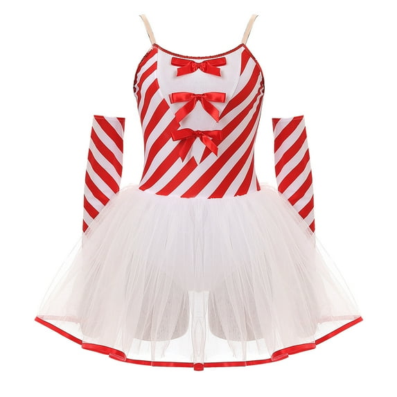 YONGHS Womens Candy Cane Leotard Tutu Dress with Gloves Christmas Holiday Party Elf Outfits Red M