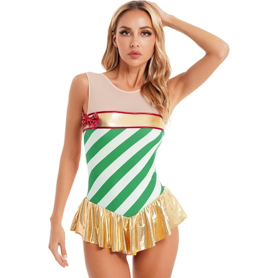 YONGHS Womens Christmas Candy Cane Striped Costume Ballet Dance Skating Leotard Dress Green M