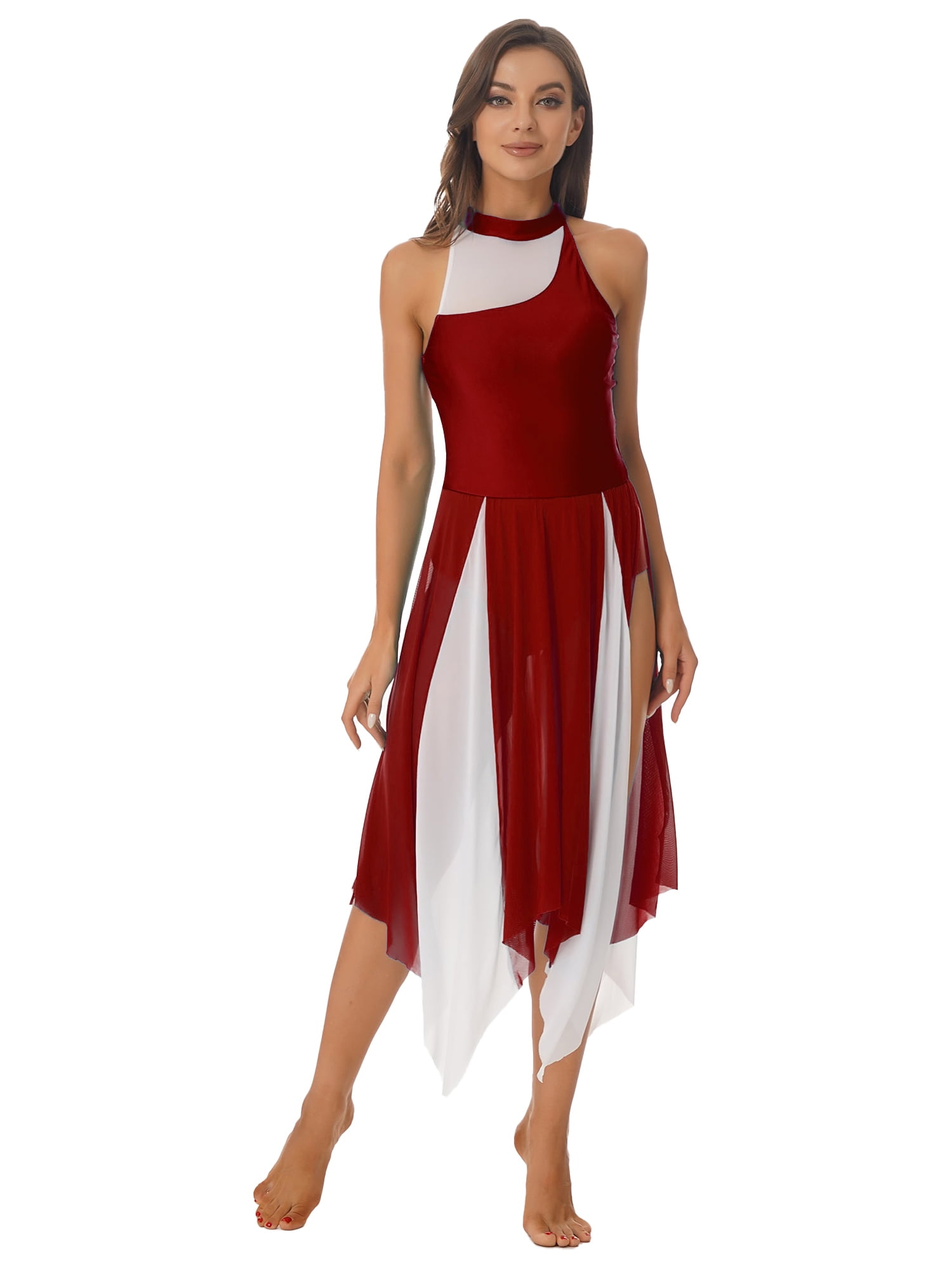 YONGHS Womens Color Block Mesh Split Hem Leotard Dress Lyrical Ballet