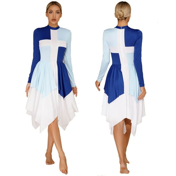 YONGHS Womens Color Patchwork Long Sleeve Praise Worship Dance Dress Liturgical Dancewear Blue L