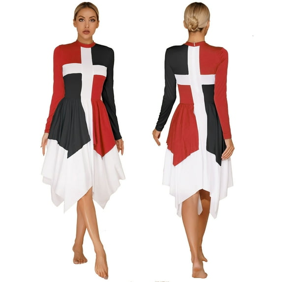 YONGHS Womens Color Patchwork Long Sleeve Praise Worship Dance Dress Liturgical Dancewear Red&Black M