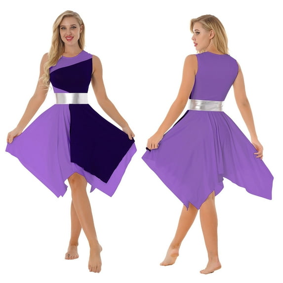 YONGHS Womens Dance Dress Color Block Sleeveless Lyrical Performance Costume S-XXL Purple M