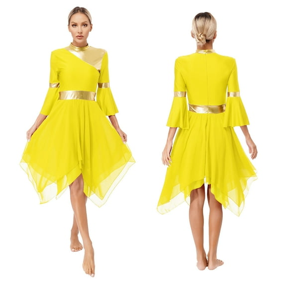 YONGHS Womens Flare Sleeve Asymmetrical Midi Dance Dress Lyrical Liturgical Praise Top Overlay Tunic Yellow S