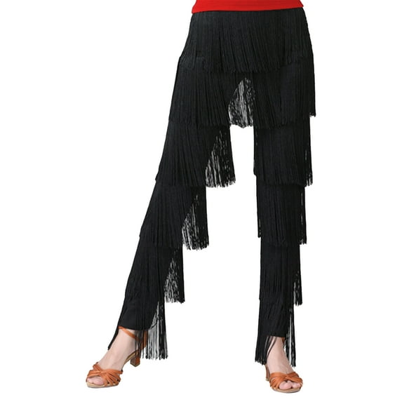 YONGHS Womens Fringe Tassel Dance Pants Latin Salsa Tango Ballroom Dance Trousers Black XXL