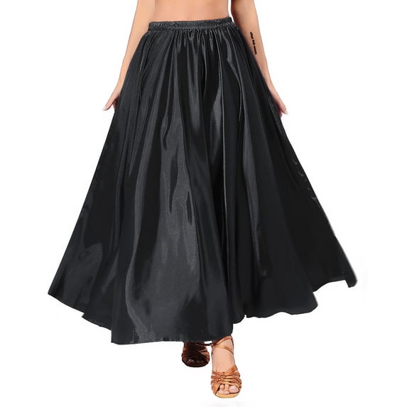 YONGHS Womens Full Length Solid Color Flamenco Bull Dance Skirt Elastic Waistband Ruffle Maxi Skirt Black One Size