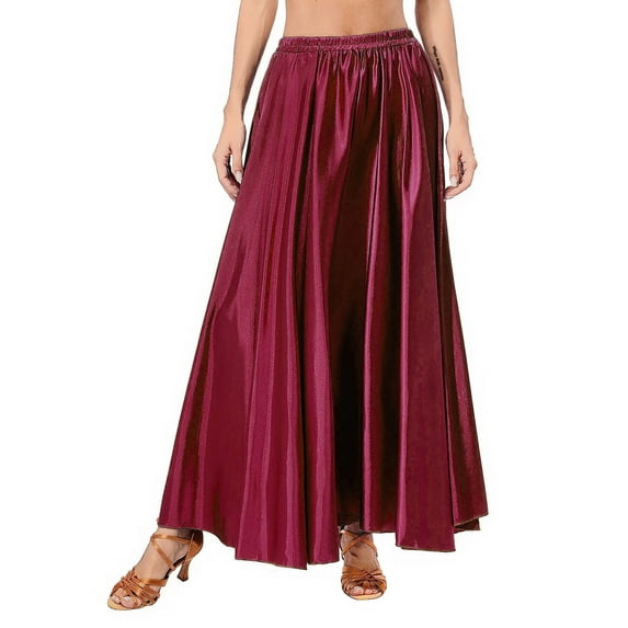 YONGHS Womens Full Length Solid Color Flamenco Bull Dance Skirt Elastic Waistband Ruffle Maxi Skirt Burgundy One Size