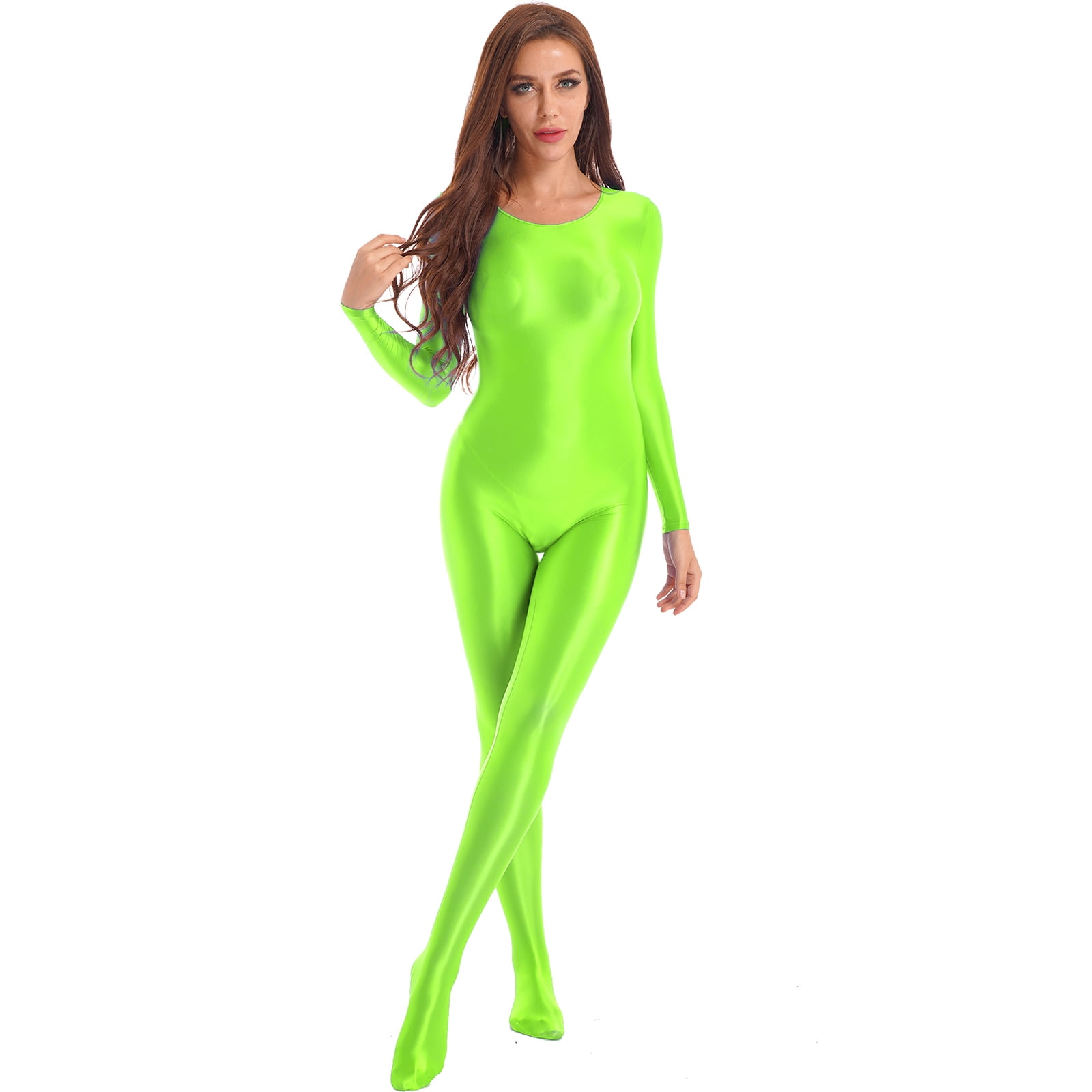 YONGHS Womens Glossy Spandex Full Bodysuit Costume Dance Zentai Unitard  Long Sleeve Jumpsuit Fluorescent Green M