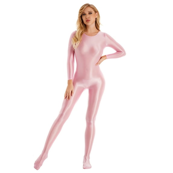 YONGHS Womens Glossy Spandex Full Bodysuit Costume Dance Zentai Unitard Long Sleeve Jumpsuit Pink M