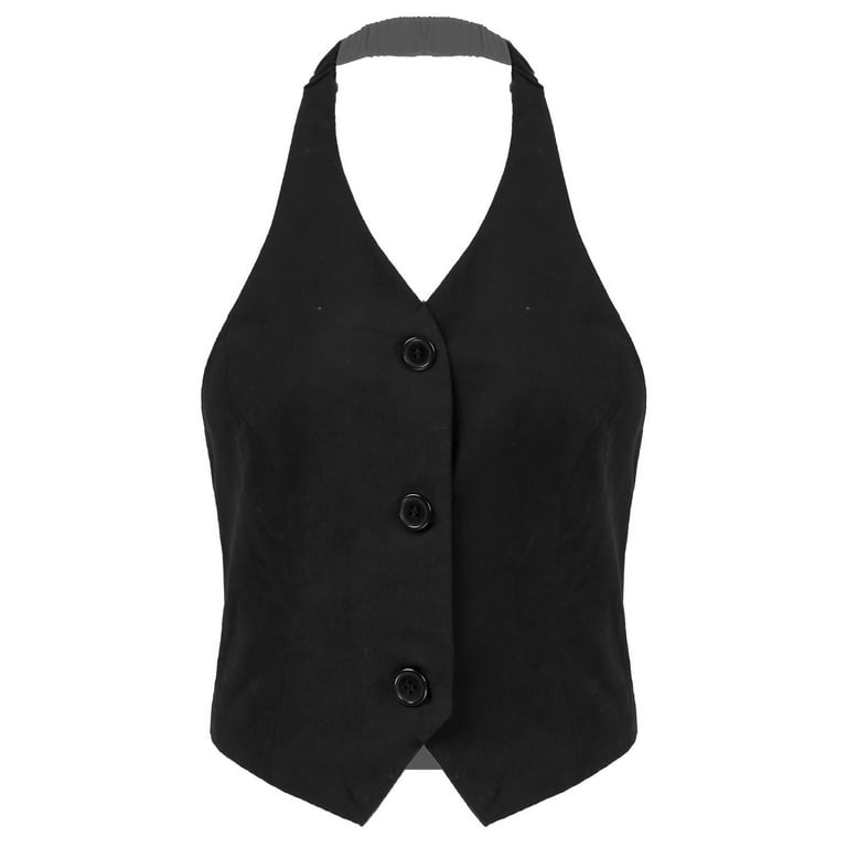 YONGHS Womens Halter Neck Button Down Tuxedo Suit Vest Backless Waistcoat  for Formal Work Office Black L